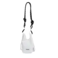 White mesh crossbody bag featuring black braided rope strap and front brand label accent. - White