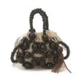 Elegante bolso de mano artesanal con cuentas de madera negra y bolsa de lona para mujer - Negro