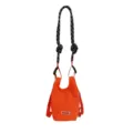 Detailed view of the orange mesh water bottle bag featuring black white rope strap. - Orange