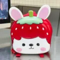 Cute strawberry cartoon EVA backpack detail, lightweight children school bag, front view. - Red