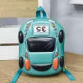 Kids sports car shape EVA hard shell backpack detail view showing front design and zipper. - Green