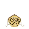 Close-up view of the metallic gold rose-shaped clutch bag showcasing intricate petal details and chain. - Crossbody Style Gold
