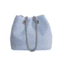 Light blue rhinestone bucket bag with silver chain strap stylish women's shoulder bag - Blue