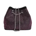 Detailed view of the sparkling pink rhinestone black bucket bag with a stylish silver chain. - Pink