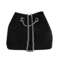 Black rhinestone bucket bag detail showing sparkling crystals and silver chain strap design. - Black