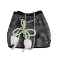 Black rhinestone bucket bag with chain strap and pearl tulip charm for women fashion daily use. - Silver with Charm