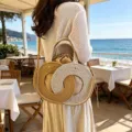 Bolso de hombro de paja tejida de verano, elegante bolso cruzado de playa color block. - Caqui