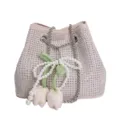 Rhinestone chain bucket bag for women, stylish crossbody shoulder bag with pearl tulip charms. - Beige With Pendant