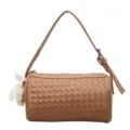 Brown woven barrel handbag with pearl lace charm stylish shoulder bag for women daily use - Khaki (With Pendant)