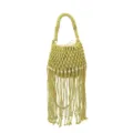 Close-up of woven fringe bucket bag details, featuring delicate macrame pattern and wood beads. - Yellow