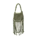 Green macrame bucket bag detail, handmade hollow fringe design with wooden bead accents. - Green