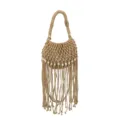 Close-up of beige woven macrame handbag with hollow pattern, white beads, and elegant fringe tassels. - Khaki
