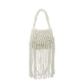 White macrame fringe woven handbag beach bucket shoulder bag for women vacation style - Off White