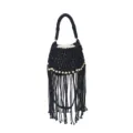 Black woven fringe bucket bag detail, handmade macrame style with wooden beads. - Dark Blue