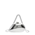 Silberne metallische Abendtasche in Mango-Form mit harter Schale und Perlenkette. - Perlengriff-Stil / Silber