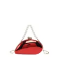 Rote mangoformige harte Abendtasche mit elegante Perlenhenkel und Metallkette fur Damen. - Perlengriff-Stil / Rot