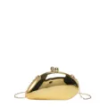 Goldene metallische Mangotasche Detailansicht mit glatter Spiegeloberfläche und Kugelverschluss. - Kettenriemen-Stil / Gold