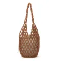 Brown Beaded Bucket Bag, Hollow Out Woven Shoulder Bag with Cream Drawstring Inner Pouch - Brown