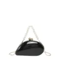Schwarze glänzende mango-förmige Hartschalen Abendtasche mit Perlenhenkel und Kette. - Perlengriff-Stil / Schwarz
