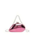 Modische pinke metallische harte Abendtasche Clutch mit Perlenhenkel und Kette. - Perlengriff-Stil / Rosa