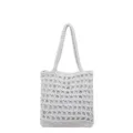 White hollow-out crochet shoulder beach bag detail, lightweight summer knit handbag. - White