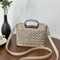 Bolso de hombro cruzado beige con pedrería y asa de metal, elegante bolso de mujer. - Blanco Roto