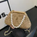 Gevlochten strooien handtas met parelhandvat en metalen ketting voor strandvakantie en casual. - Volledige Parel Handvat Stijl / Khaki