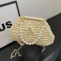 Geweven strooien handtas met parelhandvat en ketting, chique zomerse strand schoudertas. - Volledige Parel Handvat Stijl / Broken Wit