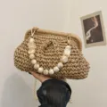 Gevlochten strooien tas tas met elegante marmeren kralen handvat en metalen ketting voor strand. - Steen Textuur Handvat Stijl / Khaki