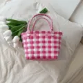 Χειροποίητη πλεκτή τσάντα tote ροζ καρό beach bag μοντέρνα στιλάτη τσάντα ώμου γυναικεία - Ροζ