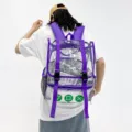 Clear PVC backpack with purple straps, large capacity transparent student school travel bag. - Purple