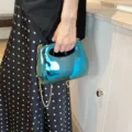 Glossy candy color hard shell acrylic box bag, chic metallic blue evening handbag for women. - Blue