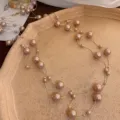 French vintage chic champagne pearl long necklace elegant delicate gold chain jewelry sku - 20# Caramel Pearl Necklace