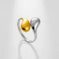 Anillo abierto de gota bicolor de acero inoxidable, joyería ajustable de moda elegante. - Estilo Gota de Agua Doble Cabeza Asimétrico Bicolor