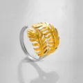 Anillo ajustable bicolor de acero inoxidable, elegante joya hoja de helecho en oro y plata. - Estilo Calado Hoja Pluma Bicolor