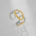 Anillo ajustable bicolor de acero inoxidable, anillo geométrico abierto para mujeres. - Estilo Patchwork Geométrico 3D Bicolor