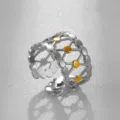 Anillo ajustable bicolor ancho de acero inoxidable con puntos dorados joya retro - Estilo Puntos Rejilla Ancha Bicolor