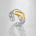 Anillo Abierto Bicolor de Acero Inoxidable Retro Ajustable Geométrico Joyería - Estilo Ovalado Cadena Calada Bicolor