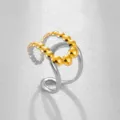 Anillo Abierto Bicolor de Acero Inoxidable con Cuentas Elegante Joya de Moda Ajustable - Estilo Líneas Metálicas Cuentas de Oro Bicolor