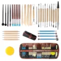 Detailed view of 36-piece pottery clay sculpting tools set with wooden and metal carving blades. - Tools Set Combo / 36 Pieces