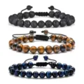 Natural tiger eye and lava stone beaded adjustable bracelets set for men, couple fashion jewelry. - Lava Stone & Tiger Eye - Dark Blue