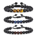 Close-up detail of natural lava stone and multi-color tiger's eye beaded adjustable bracelets. - Volcanic Stone 03