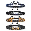 Detailed view of adjustable beaded bracelets featuring natural tiger eye and volcanic stone beads. - Set 04