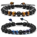 Detail view of adjustable beaded bracelets featuring natural lava stone and colorful tiger eye beads. - Volcanic Stone 02