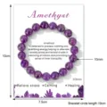 Natural amethyst round bead stretch bracelet detail with display card showing size and healing energy. - Purple Crystal
