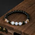 Chic black agate and blue crystal beaded bracelet for men and women, stylish stacked wrist jewelry. - Black Agate Blue Crystal