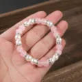 Pink crystal and pearl beaded bracelet with sparkling rhinestone spacers for women. - Rose Quartz Faux Pearl