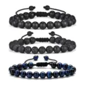 Set of 3 beaded bracelets featuring matte black, lava rock, and blue tiger eye stones. - Matte Volcanic Blue