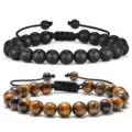 Matte black volcanic stone and natural tiger eye beaded adjustable bracelets set for men - Frosted Tiger Eye 02