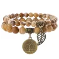 Natural stone beaded bracelet with tree of life pendant bohemian style women jewelry accessory - Picture Jasper